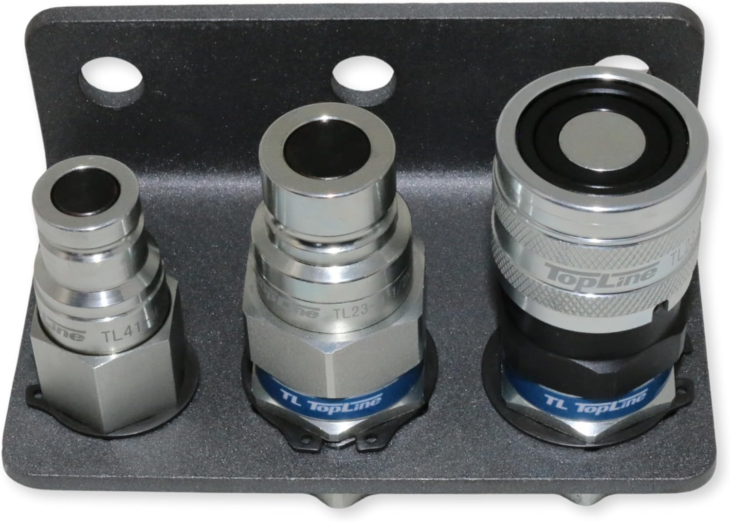 Hydraulic quick connect coupler set 1/2 inch NPT flat face with 3/8 inch drain line coupler and bracket for skid steer, loader, tractor, Bobcat, Case, John Deere