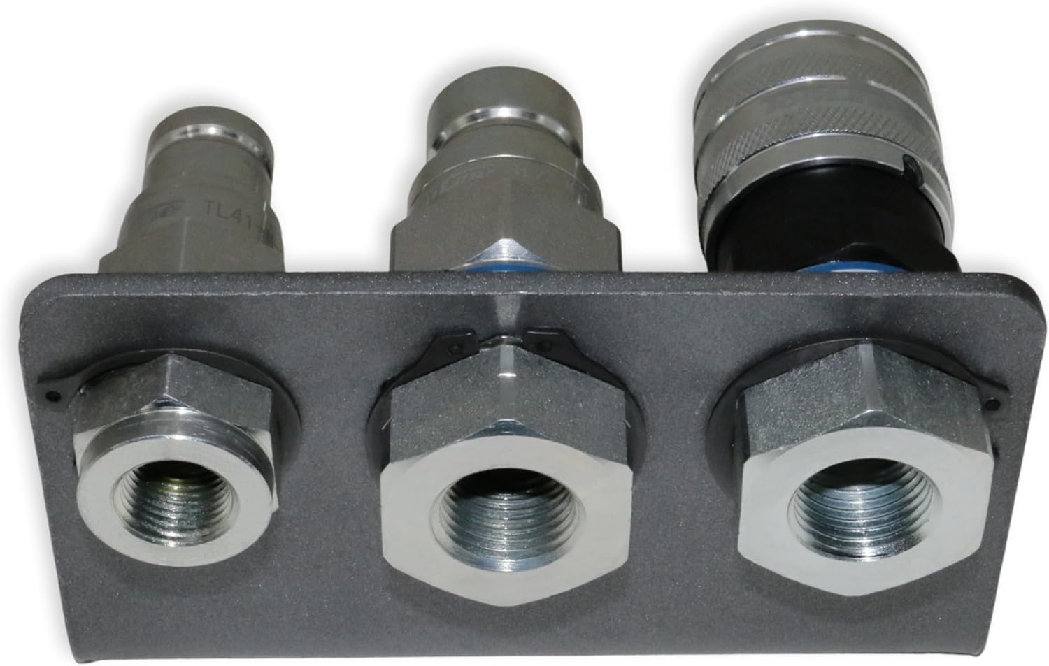Hydraulic quick connect coupler set 1/2 inch NPT flat face with 3/8 inch drain line coupler and bracket for skid steer, loader, tractor, Bobcat, Case, John Deere