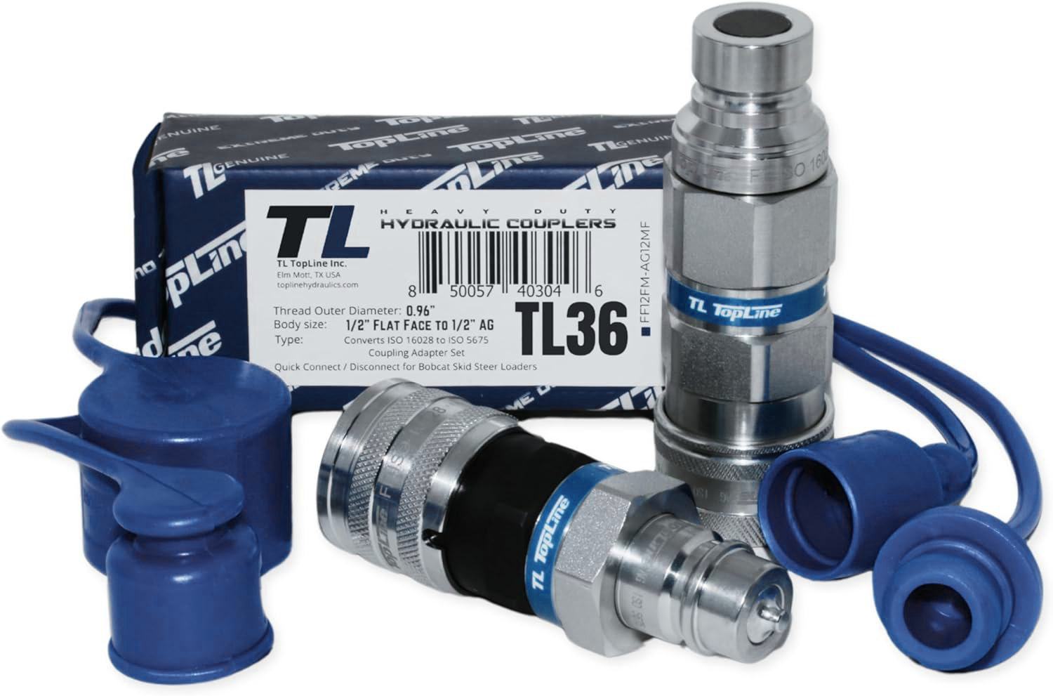 1/2" Flat Face to Ag Style Hydraulic Quick Coupler Adapter Set | Convert Tractor Hydraulics to Bobcat Coupling | Heavy-Duty | 5076 PSI | Zinc Plated | ISO 16028 to ISO 5675 | W/Dust Caps | Model TL36