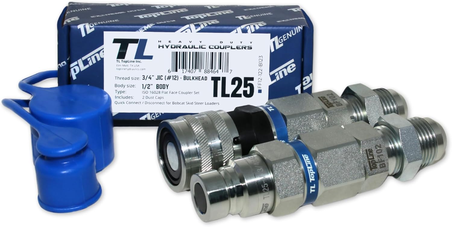Hydraulic Quick Connect Coupler, 1/2" Body with 3/4" (#12) JIC Thread, Flat Face Bulkhead Mount, ISO 16028, Heavy-Duty Coupling Set with Dust Caps for Bobcat Skid Steer Loaders | Model TL25