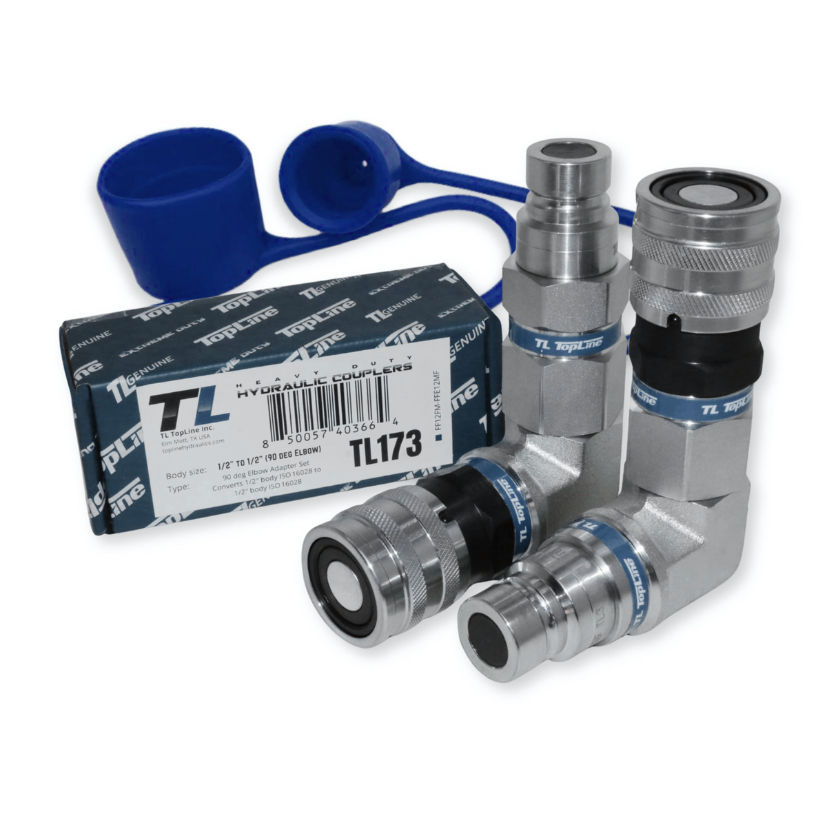 1/2" Body Flat‑Face 90 Degree Elbow Adapter Set, Hydraulic Quick Connect Coupler, ISO 16028, Heavy-Duty Coupling Set with Dust Caps for Skid Steer Bobcat Attachment | Model TL173