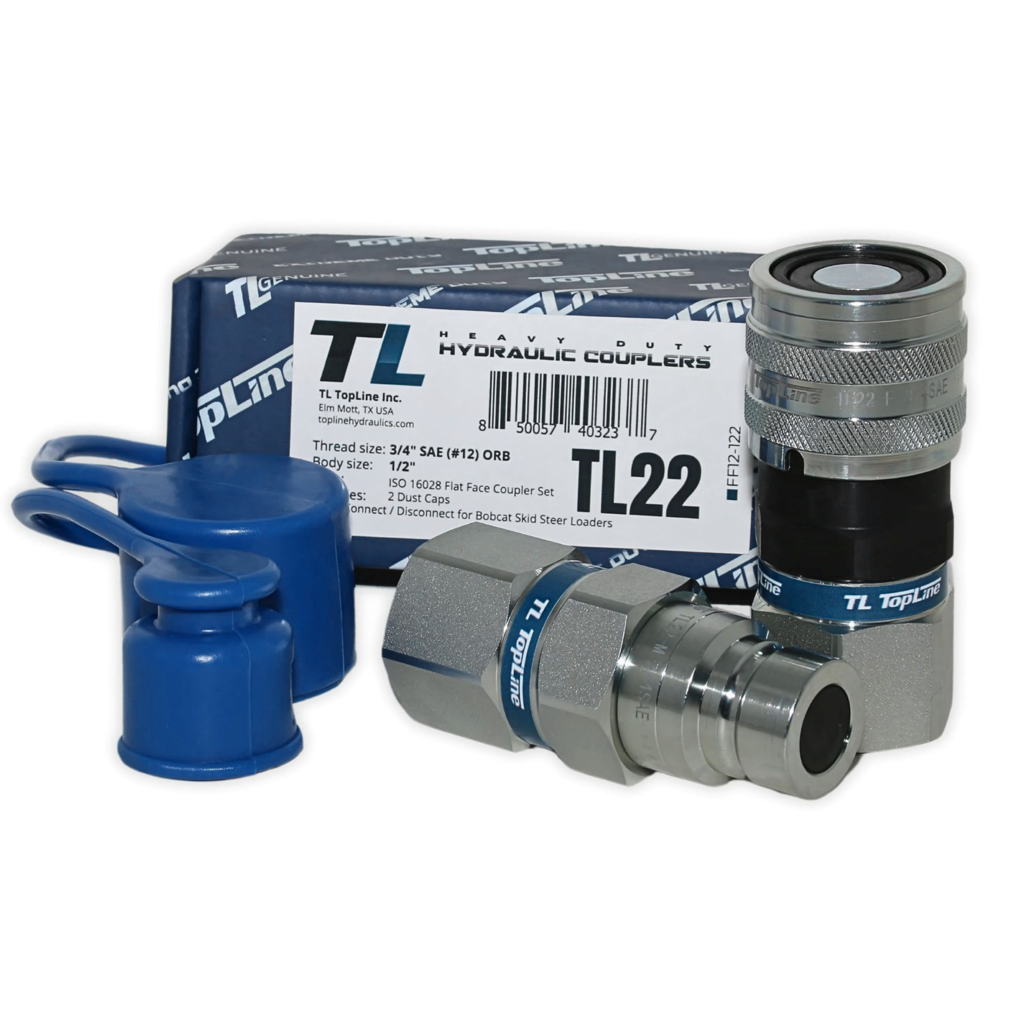 1/2" Body with 3/4" SAE O-Ring BOSS Thread, Hydraulic Quick Connect Coupler, Flat Face, ISO 16028, Heavy-Duty Coupling Set with Dust Caps for Skid Steer Bobcat Attachment | Model TL22