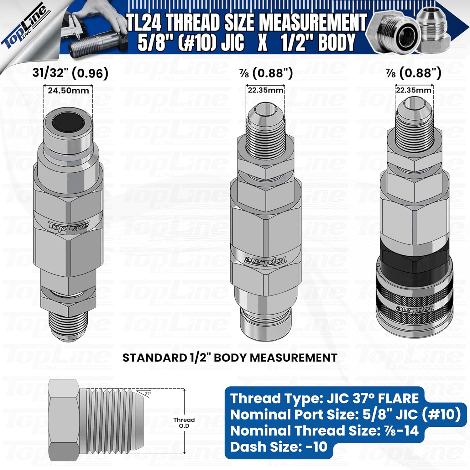 Hydraulic Quick Connect Coupler, 5/8" (#10) JIC Thread, Flat Face Bulkhead, 1/2" Body Size, ISO 16028, Heavy-Duty Coupling Set with Dust Caps for Bobcat Skid Steer Loaders | Model TL24