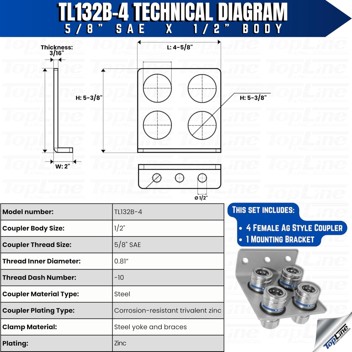 1/2" Body 5/8" SAE Thread | Agricultural Couplers Hydraulic Quick Connect with Break Away Mounting Bracket | ISO 5675 Ag Pioneer Style Couplers | Push/Pull Heavy-Duty Coupling | Model TL132B-4