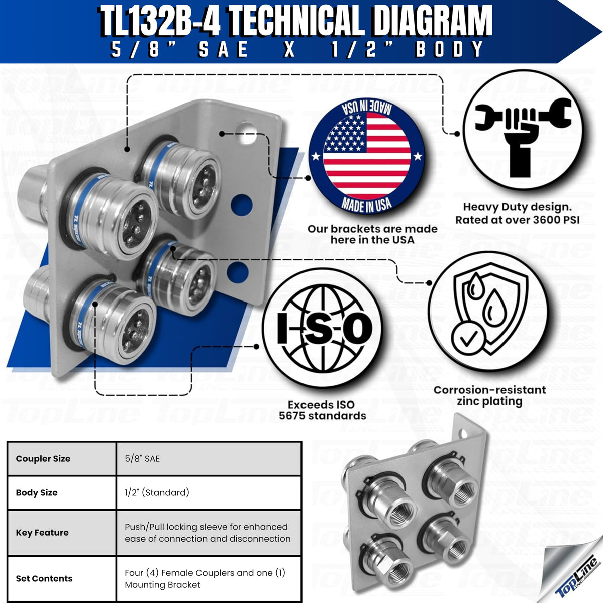 1/2" Body 5/8" SAE Thread | Agricultural Couplers Hydraulic Quick Connect with Break Away Mounting Bracket | ISO 5675 Ag Pioneer Style Couplers | Push/Pull Heavy-Duty Coupling | Model TL132B-4