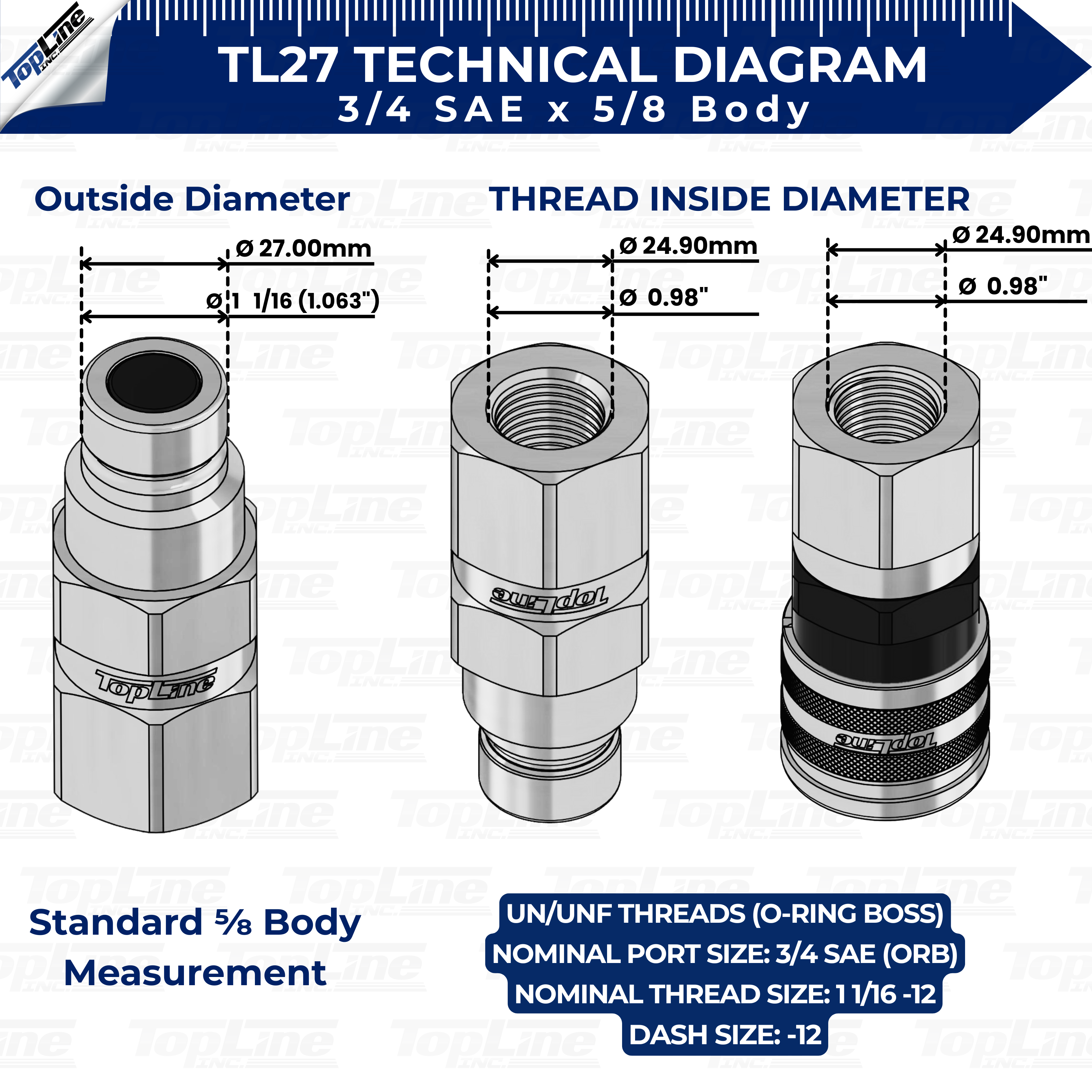 TL27 3/4" SAE Thread Flat Face High Flow Quick Connect Hydraulic Coupler 5/8" body size for Bobcat Skid Steer Loaders