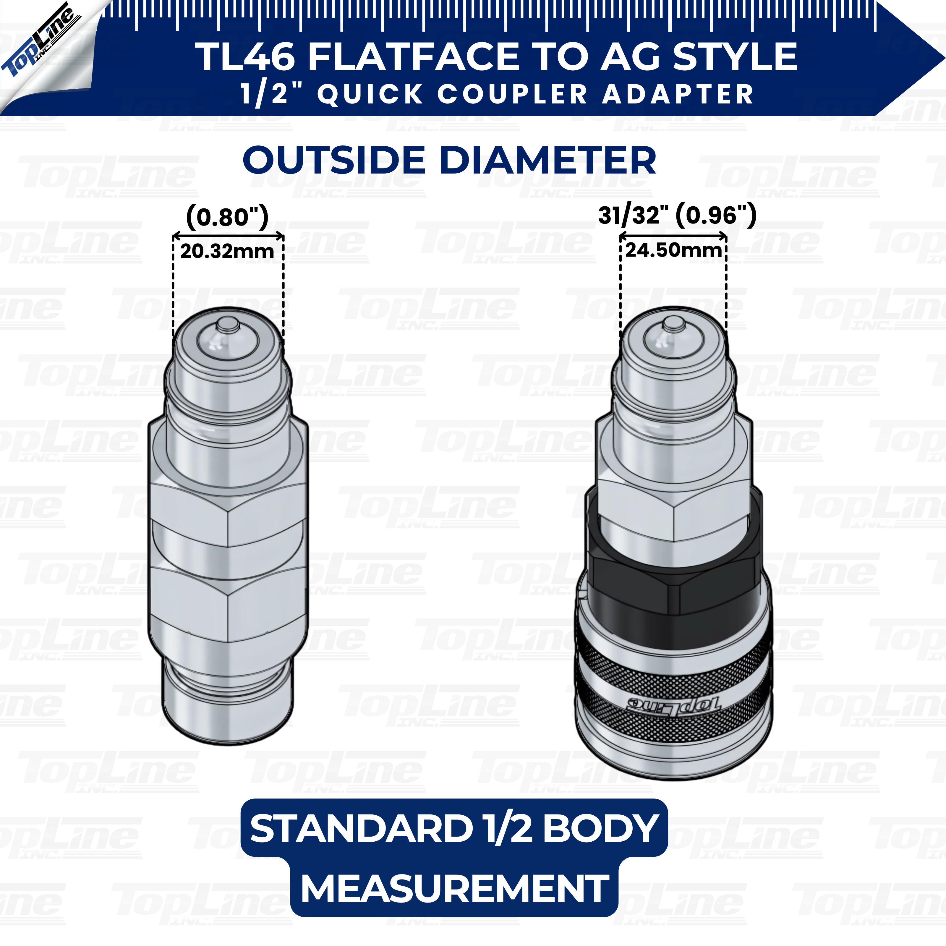 1/2" Flat Face to Ag Style Hydraulic Quick Coupler Adapter Set | Install Flat Face Connector on Skid Steer | 5076 PSI | Zinc Plated | ISO 16028 to ISO 5675 | with Dust Caps | Model TL46