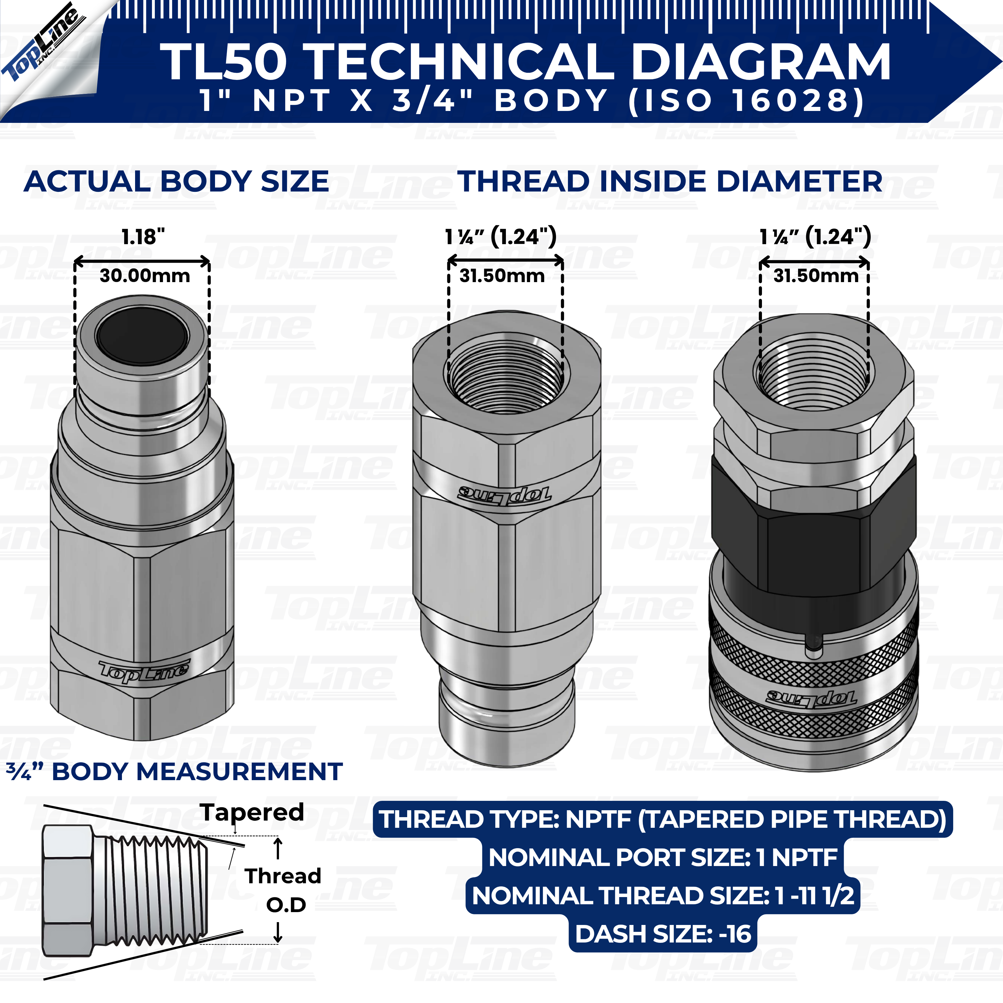TL50 1" NPT Thread Flat Face High Flow Quick Connect Hydraulic Coupler 3/4" body size for Bobcat Skid Steer Loaders