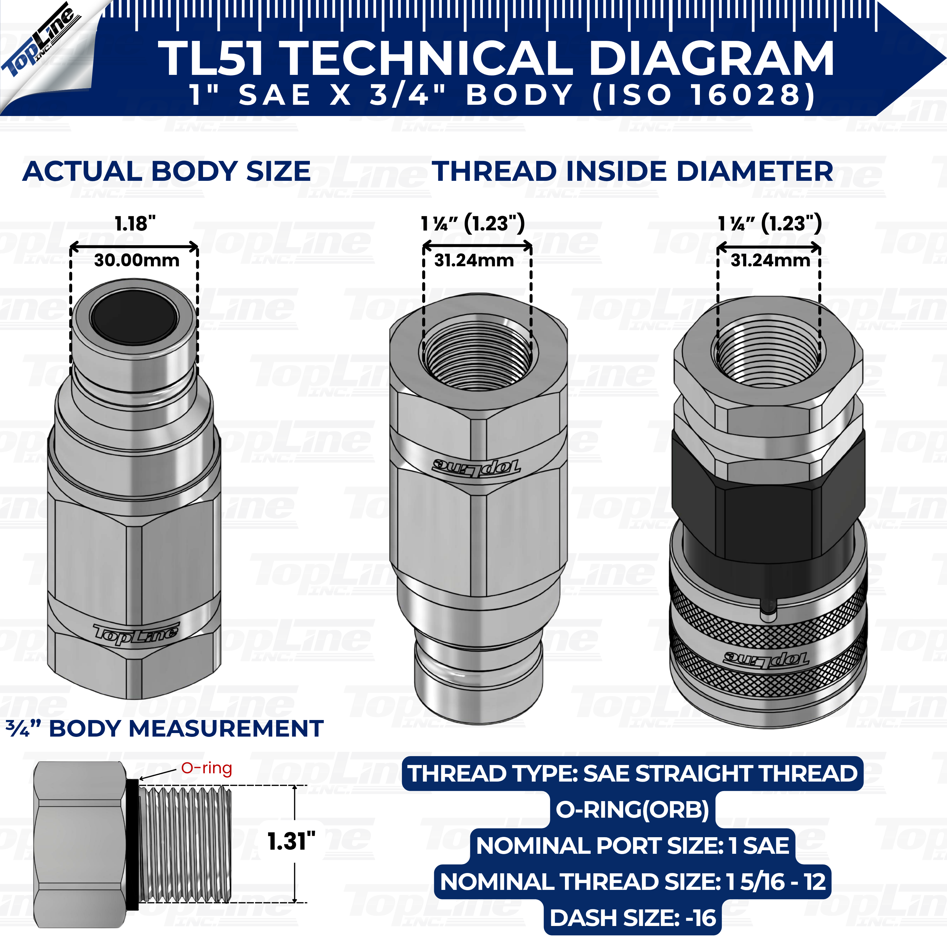 TL51 1" SAE Thread Flat Face High Flow Quick Connect Hydraulic Coupler 3/4" body size for Bobcat Skid Steer Loaders