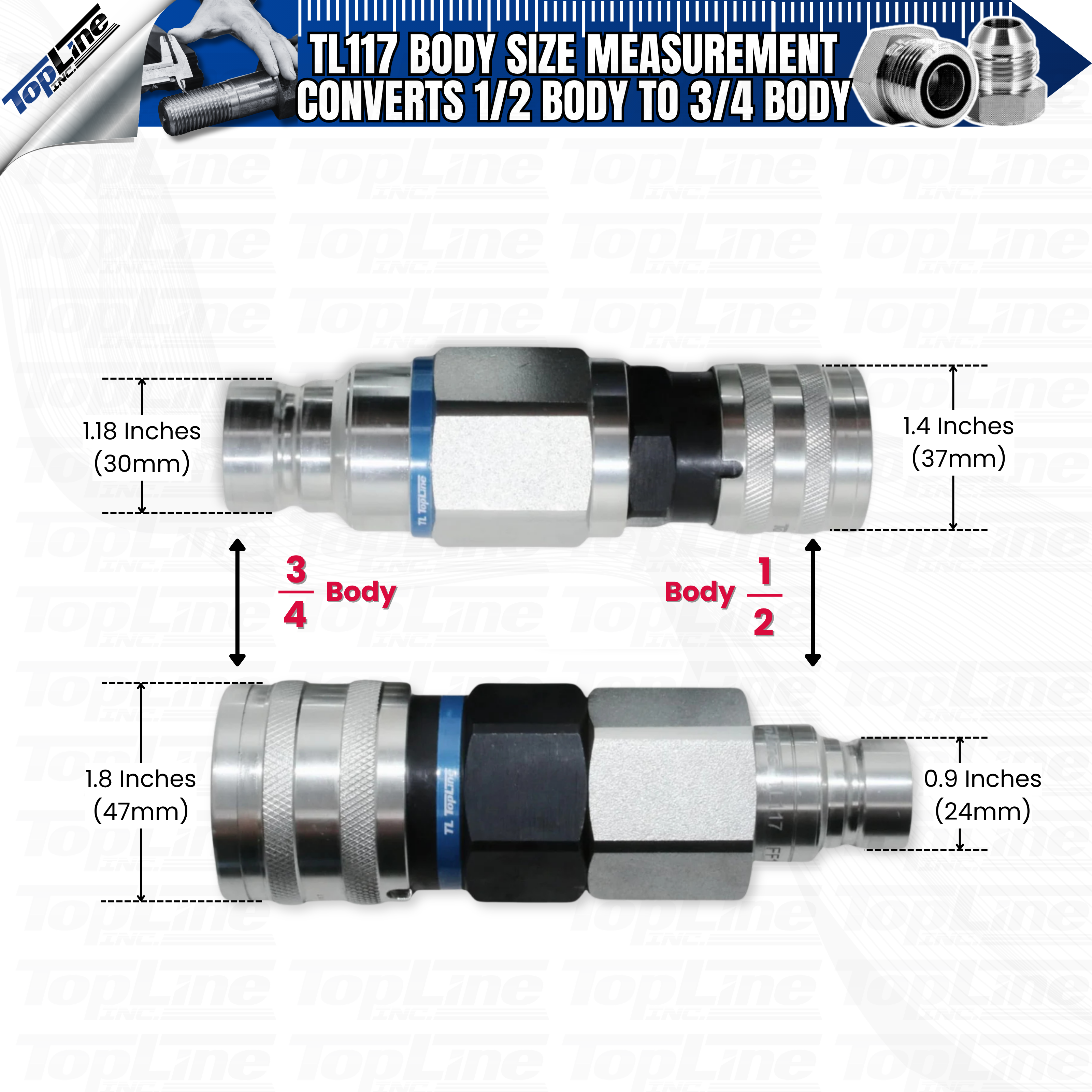 Adapter Set Flat Face Coupler | Converts 1/2 body to 3/4 body | Hydraulic Quick Connect Coupler | ISO 16028 | Heavy-Duty Coupling Set for Bobcat Bulkhead for Skid Steer Loaders | Model TL117