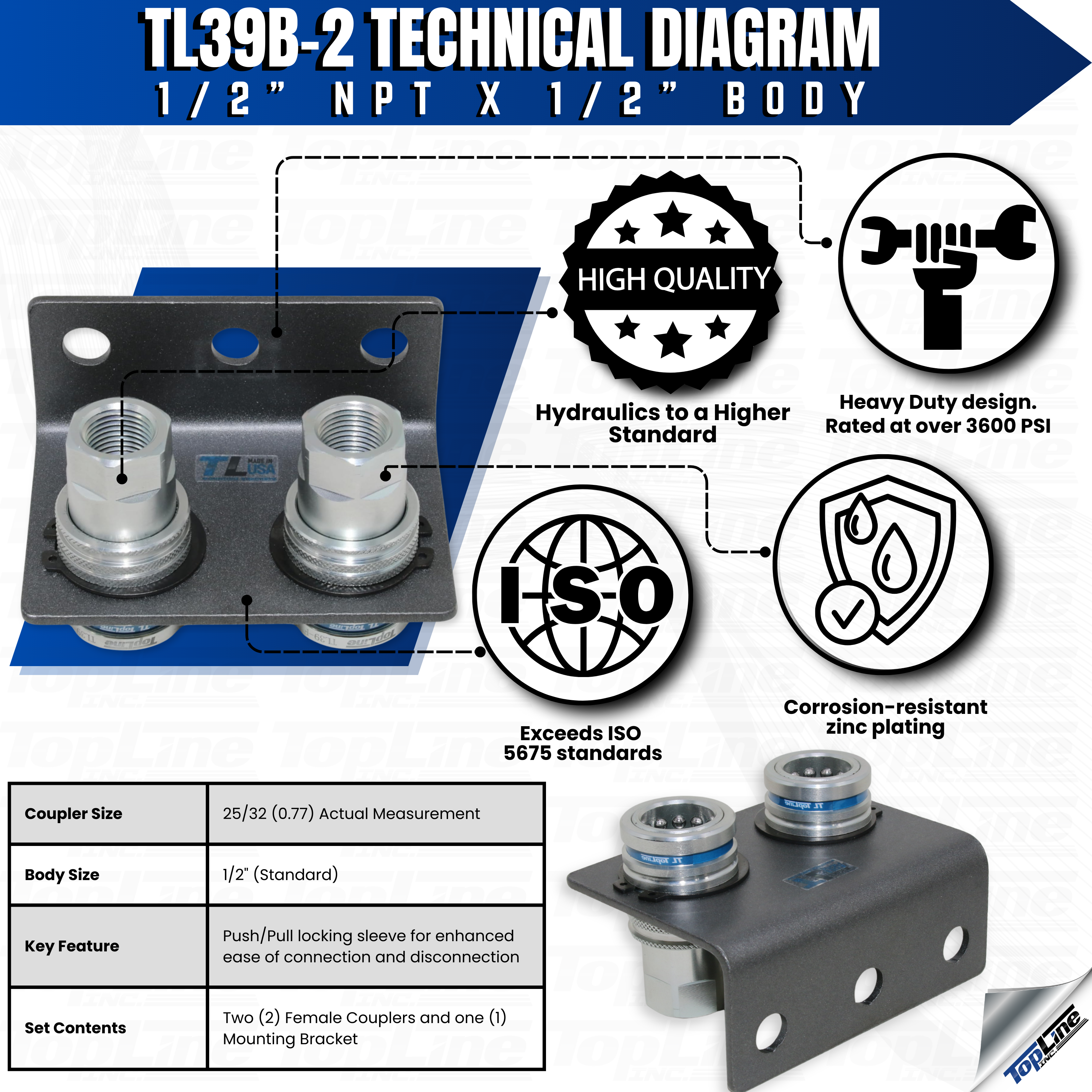 1/2" Body 1/2" NPT AG Thread | Agricultural Couplers Hydraulic Quick Connect with Break Away Mounting Bracket | ISO 5675 Ag Pioneer Style Couplers | Push/Pull Heavy-Duty Coupling | Model TL39B-2
