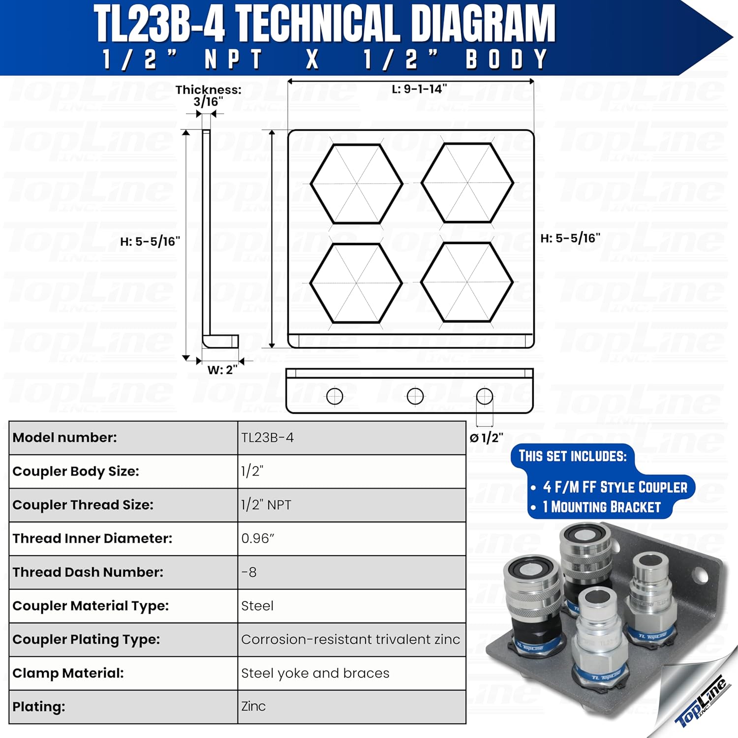 1/2" Hydraulic Quick Connect Coupler Set, Flat Face, 1/2" NPT, ISO 16028, Heavy-Duty Steel, Includes Mounting Bracket, Fits Skid Steer Bobcat Attachments - TL23B-4