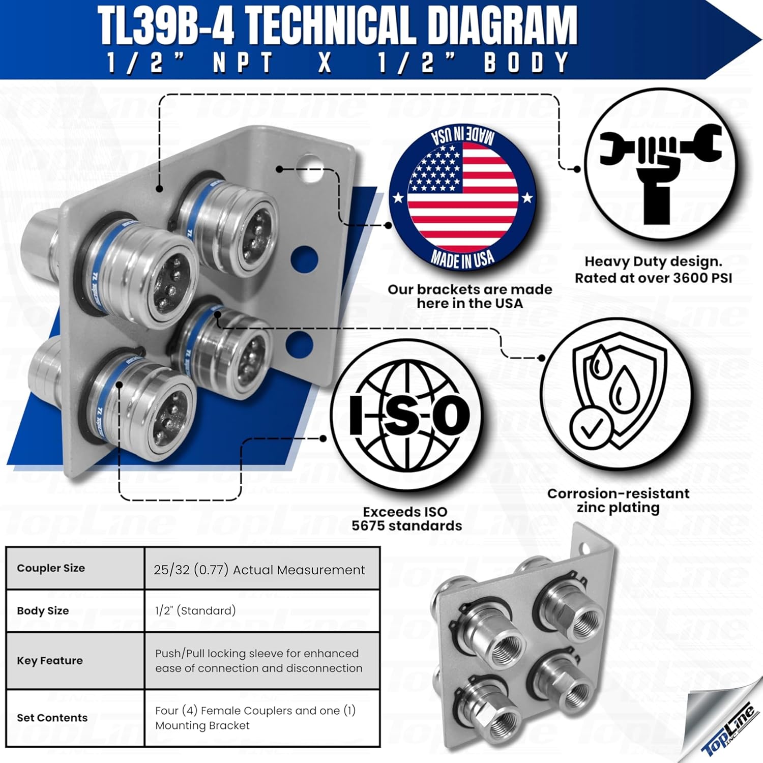 1/2" Body 1/2" NPT AG Thread | Agricultural Couplers Hydraulic Quick Connect with Break Away Mounting Bracket | ISO 5675 Ag Pioneer Style Couplers | Push/Pull Heavy-Duty Coupling | Model TL39B-4