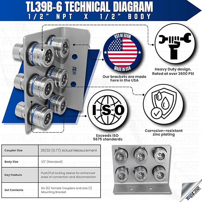 1/2" Body 1/2" NPT AG Thread | Agricultural Couplers Hydraulic Quick Connect with Break Away Mounting Bracket | ISO 5675 Ag Pioneer Style Couplers | Push/Pull Heavy-Duty Coupling | Model TL39B-6