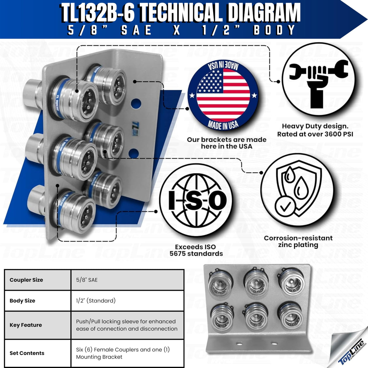 1/2" Body 5/8" SAE Thread | Agricultural Couplers Hydraulic Quick Connect with Break Away Mounting Bracket | ISO 5675 Ag Pioneer Style Couplers | Push/Pull Heavy-Duty Coupling | Model TL132B-6