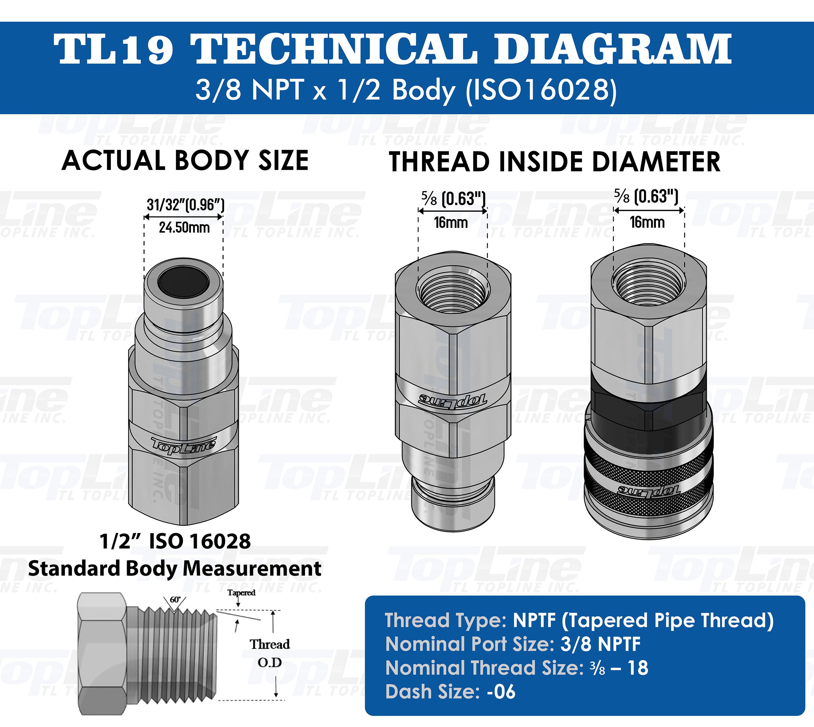 TL19 3/8" NPT Thread Female Flat Face Quick Connect Hydraulic Coupler Skid Steer 1/2" body size Bobcat Skid Steer