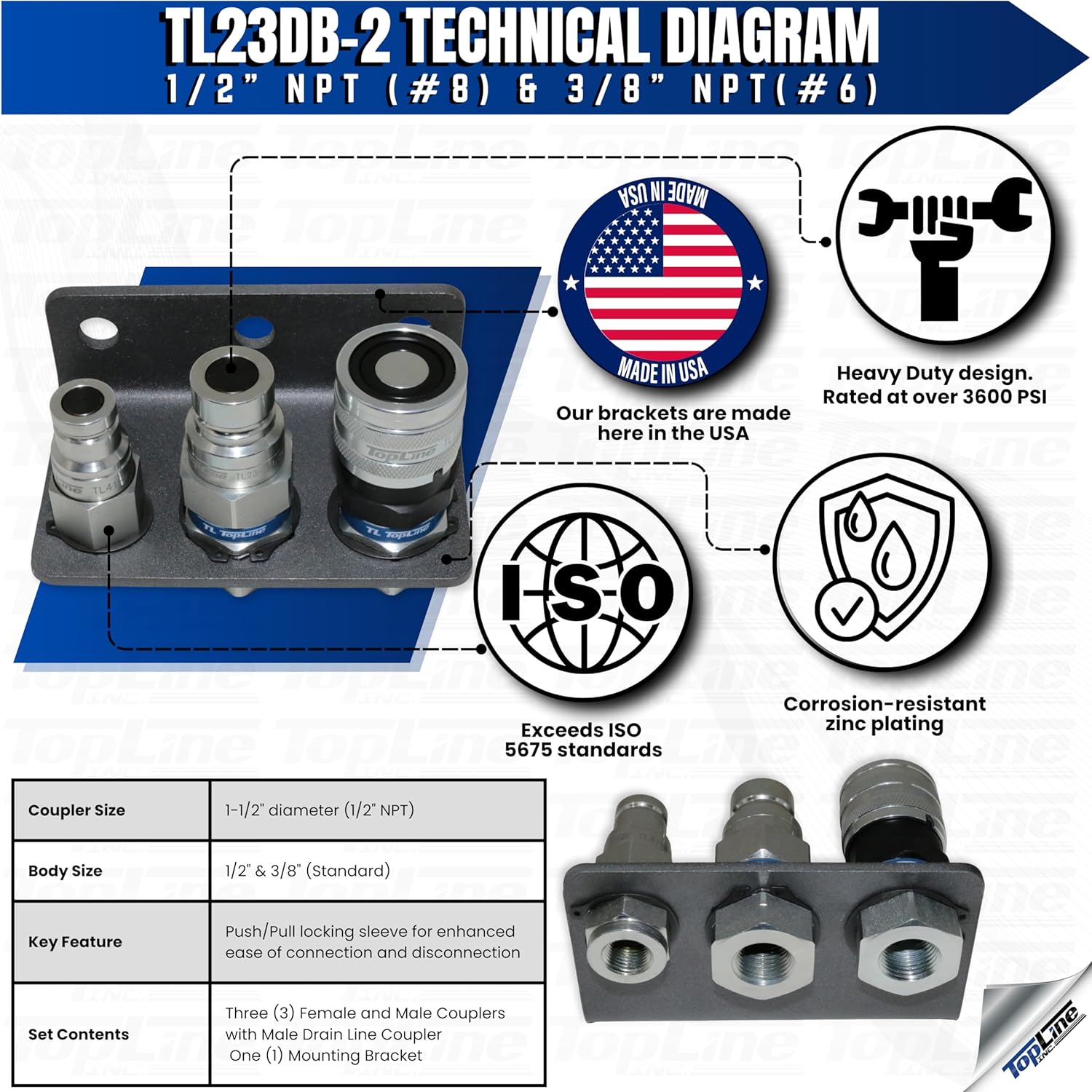 Hydraulic quick connect coupler set 1/2 inch NPT flat face with 3/8 inch drain line coupler and bracket for skid steer, loader, tractor, Bobcat, Case, John Deere
