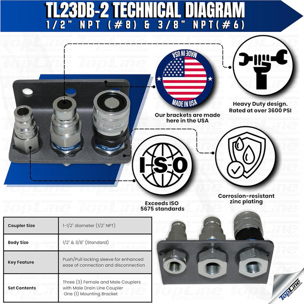 Hydraulic quick connect coupler set 1/2 inch NPT flat face with 3/8 inch drain line coupler and bracket for skid steer, loader, tractor, Bobcat, Case, John Deere