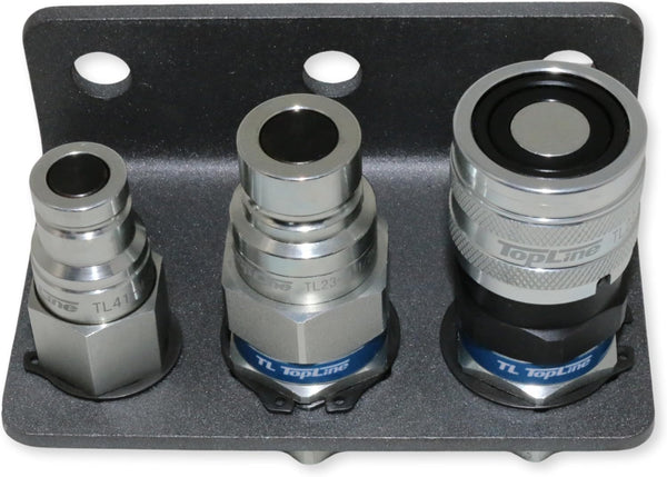 Hydraulic quick connect coupler set 1/2 inch NPT flat face with 3/8 inch drain line coupler and bracket for skid steer, loader, tractor, Bobcat, Case, John Deere