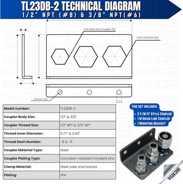 Hydraulic quick connect coupler set 1/2 inch NPT flat face with 3/8 inch drain line coupler and bracket for skid steer, loader, tractor, Bobcat, Case, John Deere