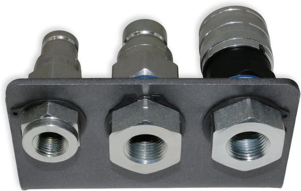 Hydraulic quick connect coupler set 1/2 inch NPT flat face with 3/8 inch drain line coupler and bracket for skid steer, loader, tractor, Bobcat, Case, John Deere
