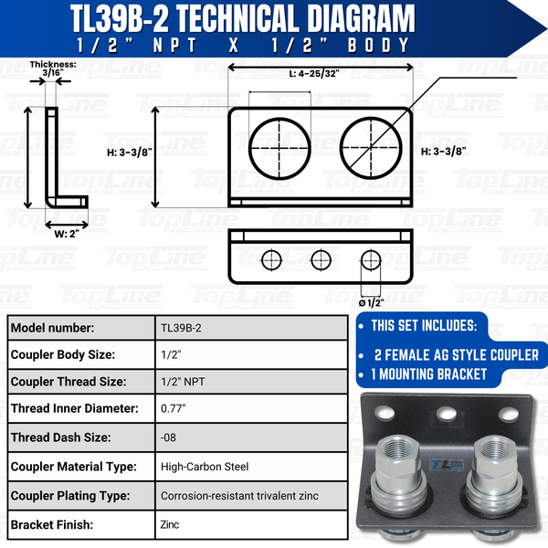 1/2" Body 1/2" NPT AG Thread | Agricultural Couplers Hydraulic Quick Connect with Break Away Mounting Bracket | ISO 5675 | Skid Steer Bobcat Attachment | Push/Pull Heavy-Duty Coupling | Model TL39B-2