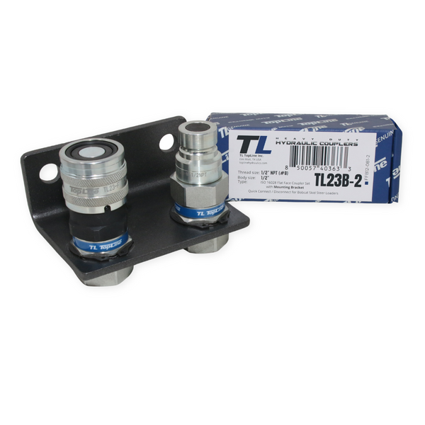 1/2" Hydraulic Quick Connect Coupler Set, Flat Face, 1/2" NPT, ISO 16028, Heavy-Duty Steel, Includes Mounting Bracket, Fits Skid Steer Bobcat Attachments - TL23B-2