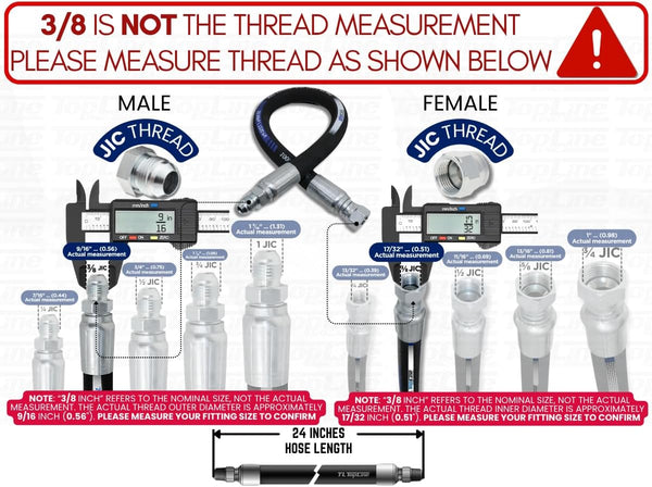 3/8" Hydraulic Hose Assembly 18 Inches – Female JIC x Male JIC, 7,250 PSI, SAE 100 R2AT, 2-Wire Braided, Oil-Resistant Rubber, High-Pressure Line Hydraulic Fluid | Model HFR206-063F-063M-24