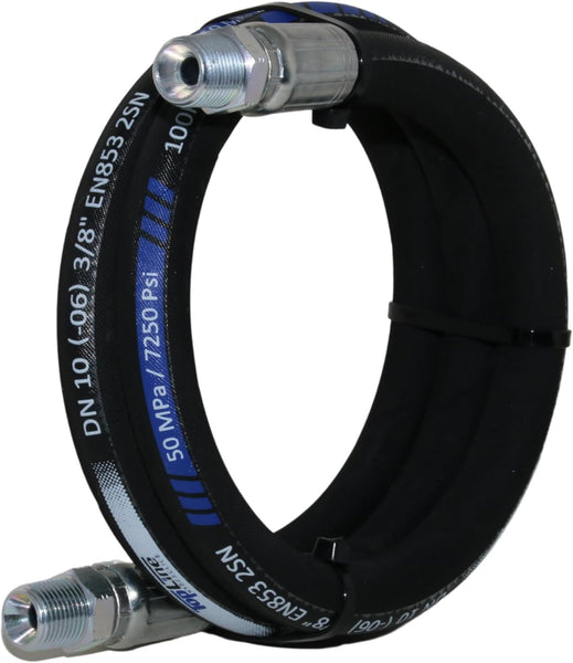 3/8" Hydraulic Hose Assembly with Male NPT X Male NPT 7,250 psi (48-72 inches) SAE 100 R2AT 2-Wire Braided, Oil-Resistant Rubber Tube, High-Tensile Steel Reinforced | Model HFR206-061M-061M