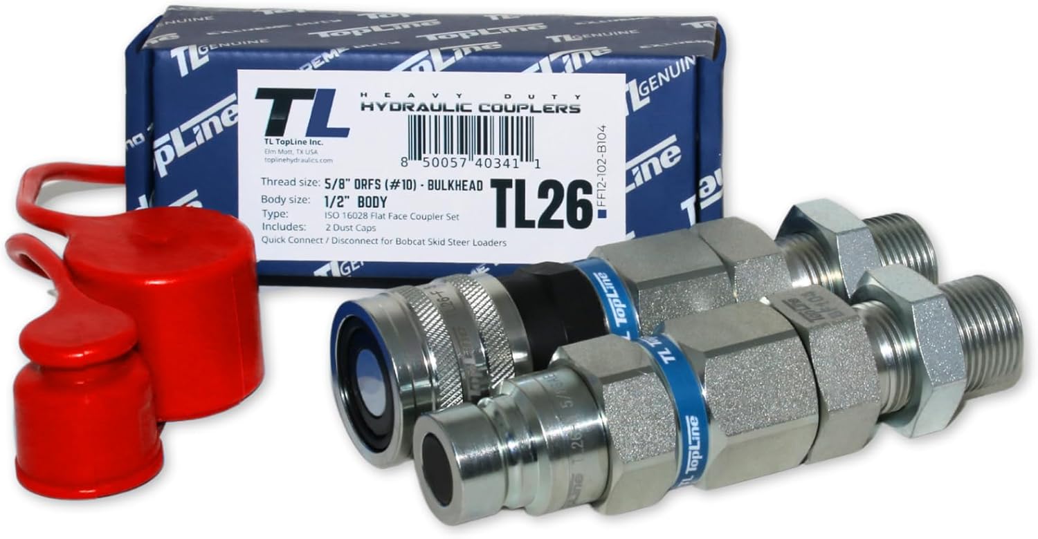 Hydraulic Quick Connect Coupler, 1/2" Body with 5/8" ORFS Thread, Flat Face Bulkhead, ISO 16028, Heavy-Duty Coupling Set with Dust Caps for Bobcat Skid Steer Loaders | Model TL26