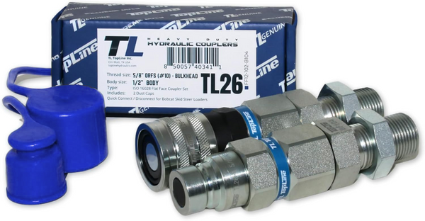 Hydraulic Quick Connect Coupler, 1/2" Body with 5/8" ORFS Thread, Flat Face Bulkhead, ISO 16028, Heavy-Duty Coupling Set with Dust Caps for Bobcat Skid Steer Loaders | Model TL26