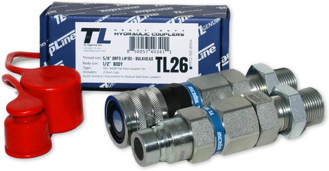 Hydraulic Quick Connect Coupler, 1/2" Body with 5/8" ORFS Thread, Flat Face Bulkhead, ISO 16028, Heavy-Duty Coupling Set with Dust Caps for Bobcat Skid Steer Loaders | Model TL26