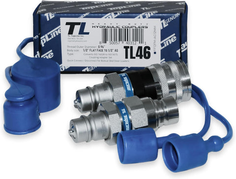 1/2" Flat Face to Ag Style Hydraulic Quick Coupler Adapter Set | Install Flat Face Connector on Skid Steer | 5076 PSI | Zinc Plated | ISO 16028 to ISO 5675 | with Dust Caps | Model TL46