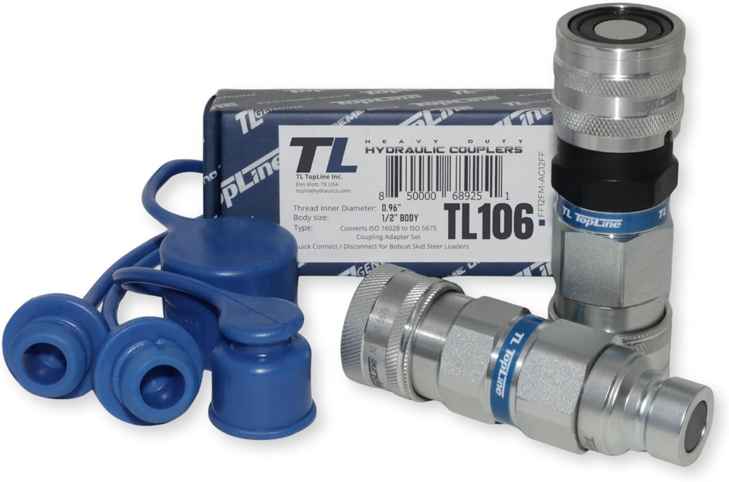 1/2" Flat Face to Ag Style Hydraulic Quick Connect Coupler Adapter Set | Heavy-Duty | ISO 16028 to ISO 5675 | 5076 PSI | Zinc Plated | Dust Caps Included | Fits Bobcat, John Deere, CAT | Model TL106