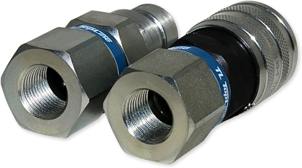 1/2" Body with 1/2" BSP (British Standard Pipe) Thread | Flat Face Hydraulic Quick Connect Coupler | Skid Steer Bobcat Attachment | ISO 16028 Heavy-Duty Coupling Sets with Dust Caps | Model TL99