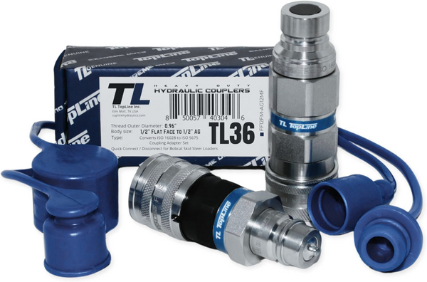 1/2" Flat Face to Ag Style Hydraulic Quick Coupler Adapter Set | Convert Tractor Hydraulics to Bobcat Coupling | Heavy-Duty | 5076 PSI | Zinc Plated | ISO 16028 to ISO 5675 | W/Dust Caps | Model TL36
