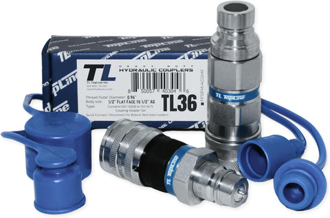 1/2" Flat Face to Ag Style Hydraulic Quick Coupler Adapter Set | Convert Tractor Hydraulics to Bobcat Coupling | Heavy-Duty | 5076 PSI | Zinc Plated | ISO 16028 to ISO 5675 | W/Dust Caps | Model TL36