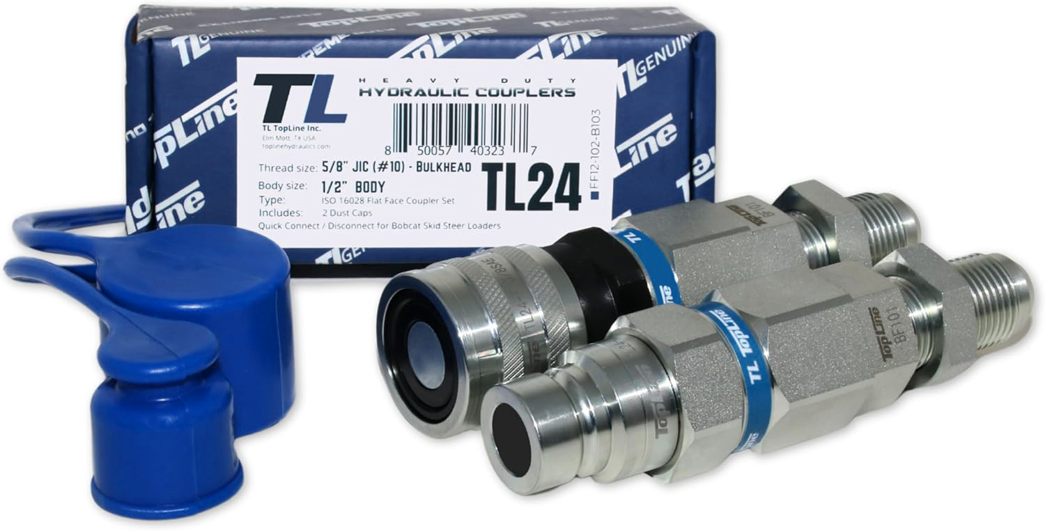 Hydraulic Quick Connect Coupler, 5/8" (#10) JIC Thread, Flat Face Bulkhead, 1/2" Body Size, ISO 16028, Heavy-Duty Coupling Set with Dust Caps for Bobcat Skid Steer Loaders | Model TL24