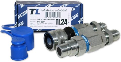 Hydraulic Quick Connect Coupler, 5/8" (#10) JIC Thread, Flat Face Bulkhead, 1/2" Body Size, ISO 16028, Heavy-Duty Coupling Set with Dust Caps for Bobcat Skid Steer Loaders | Model TL24
