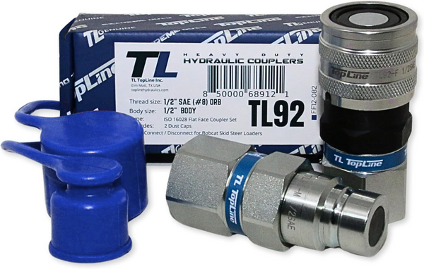 1/2" Body with 1/2" SAE O-Ring BOSS thread | Flat Face Hydraulic Quick Connect Coupler | Heavy Machinery Attachment | ISO 16028 Heavy-Duty Coupling with Dust Caps | Model TL92