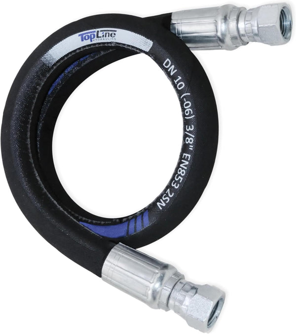 3/8" Hydraulic Hose Assembly 48 Inches – Female JIC x Female JIC, 7,250 PSI, SAE 100 R2AT, 2-Wire Braided, Oil-Resistant Rubber, Heavy-Duty High-Pressure Line | Model HFR206-063F-063F
