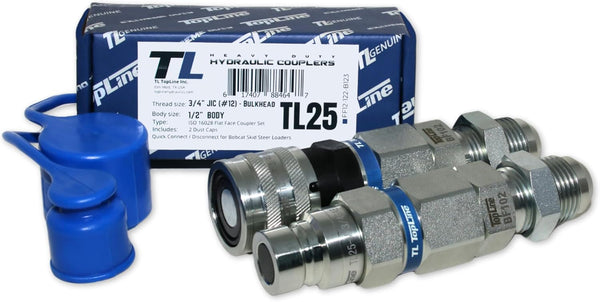 Hydraulic Quick Connect Coupler, 1/2" Body with 3/4" (#12) JIC Thread, Flat Face Bulkhead Mount, ISO 16028, Heavy-Duty Coupling Set with Dust Caps for Bobcat Skid Steer Loaders | Model TL25