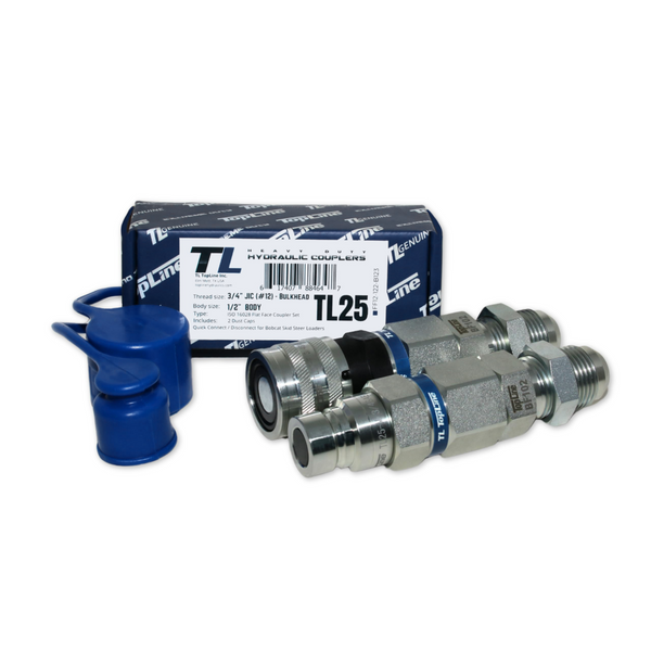 Hydraulic Quick Connect Coupler, 1/2" Body with 3/4" (#12) JIC Thread, Flat Face Bulkhead Mount, ISO 16028, Heavy-Duty Coupling Set with Dust Caps for Bobcat Skid Steer Loaders | Model TL25