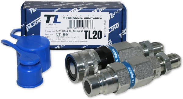 Hydraulic Quick Connect Coupler, 1/2" Body with 1/2" (#8) JIC Thread, Flat Face Bulkhead, ISO 16028, Heavy-Duty Coupling Set with Dust Caps for Skid Steer Bobcat Attachment | Model TL20