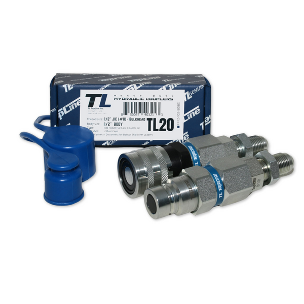 Hydraulic Quick Connect Coupler, 1/2" Body with 1/2" (#8) JIC Thread, Flat Face Bulkhead, ISO 16028, Heavy-Duty Coupling Set with Dust Caps for Skid Steer Bobcat Attachment | Model TL20