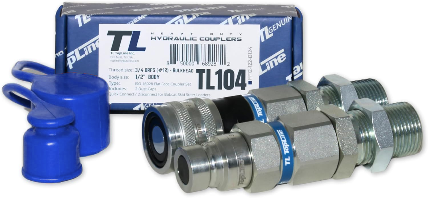 Hydraulic Quick Connect Coupler | 3/4" ORFS Flat Face | 1/2" Body Size | ISO 16028 | Heavy-Duty Coupling Set with Dust Caps for Bobcat Bulkhead for Skid Steer Loaders | Model TL104
