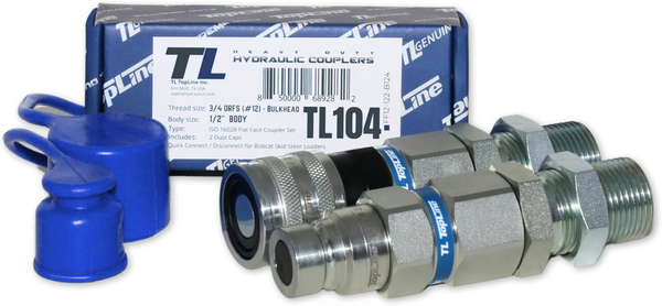 Hydraulic Quick Connect Coupler | 3/4" ORFS Flat Face | 1/2" Body Size | ISO 16028 | Heavy-Duty Coupling Set with Dust Caps for Bobcat Bulkhead for Skid Steer Loaders | Model TL104
