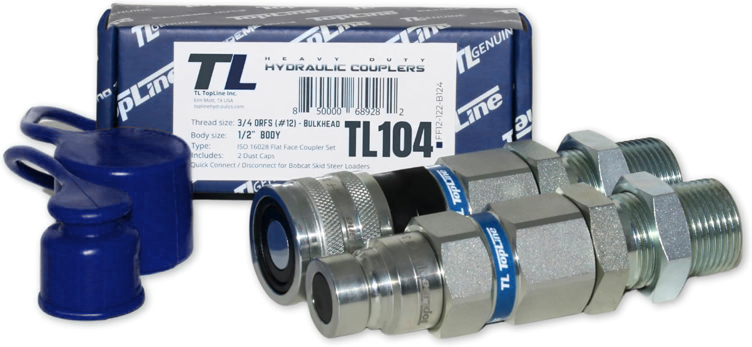 Hydraulic Quick Connect Coupler | 3/4" ORFS Flat Face | 1/2" Body Size | ISO 16028 | Heavy-Duty Coupling Set with Dust Caps for Bobcat Bulkhead for Skid Steer Loaders | Model TL104