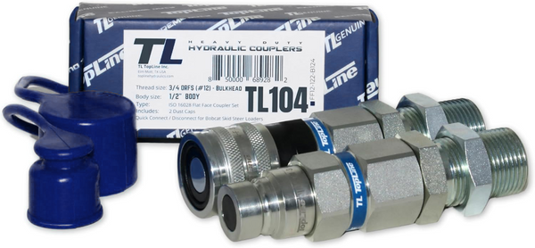 Hydraulic Quick Connect Coupler | 3/4" ORFS Flat Face | 1/2" Body Size | ISO 16028 | Heavy-Duty Coupling Set with Dust Caps for Bobcat Bulkhead for Skid Steer Loaders | Model TL104