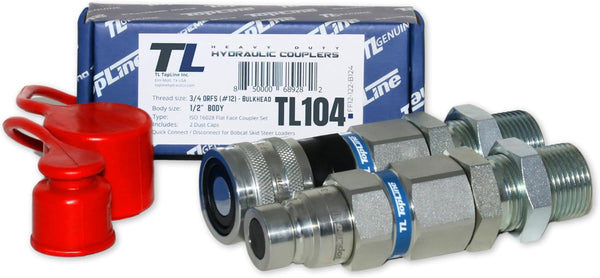 Hydraulic Quick Connect Coupler | 3/4" ORFS Flat Face | 1/2" Body Size | ISO 16028 | Heavy-Duty Coupling Set with Dust Caps for Bobcat Bulkhead for Skid Steer Loaders | Model TL104
